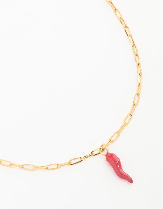 Waterproof Gold Plated Stainless Steel Chili Pendant Necklace