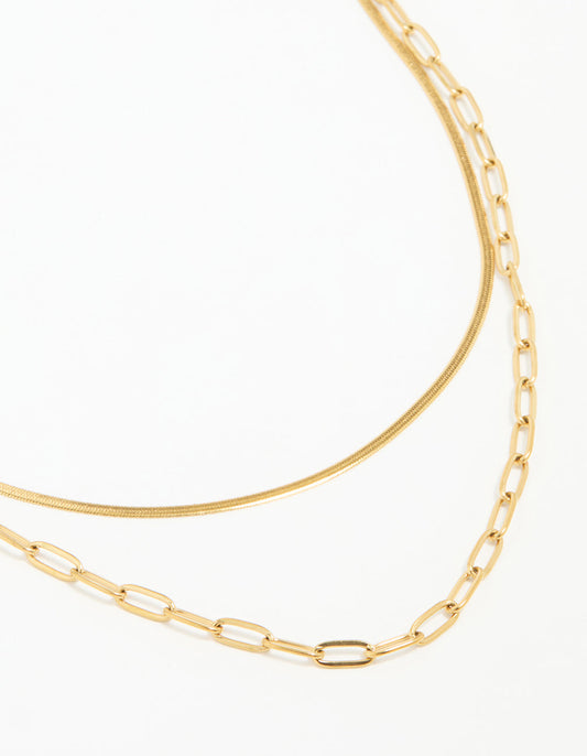 Waterproof Gold Plated Stainless Steel Double Link Layered Necklace