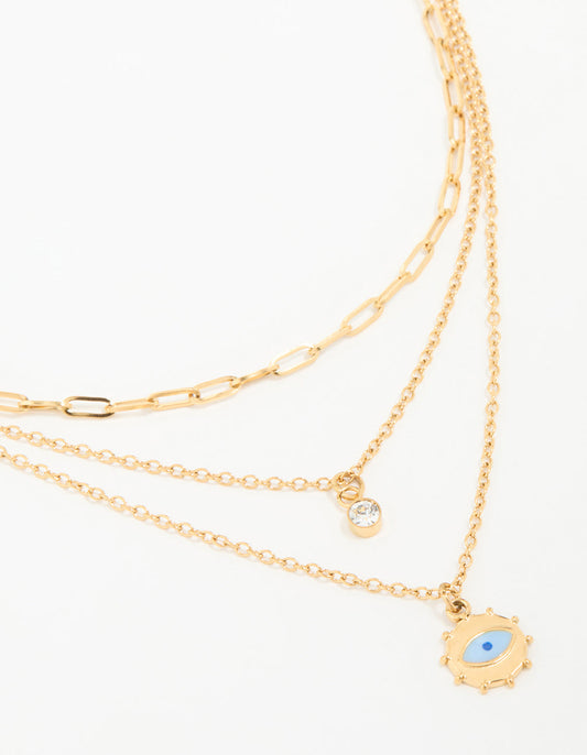 Waterproof Gold Plated Stainless Steel Evil Eye Layered Necklace