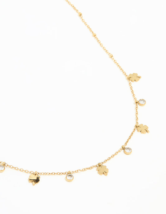 Waterproof Gold Plated Stainless Steel Cubic Zirconia Clover Pendant Necklace
