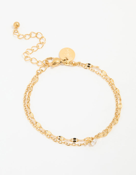 Waterproof Gold Plated Stainless Steel Dainty Cubic Zirconia Layered Bracelet
