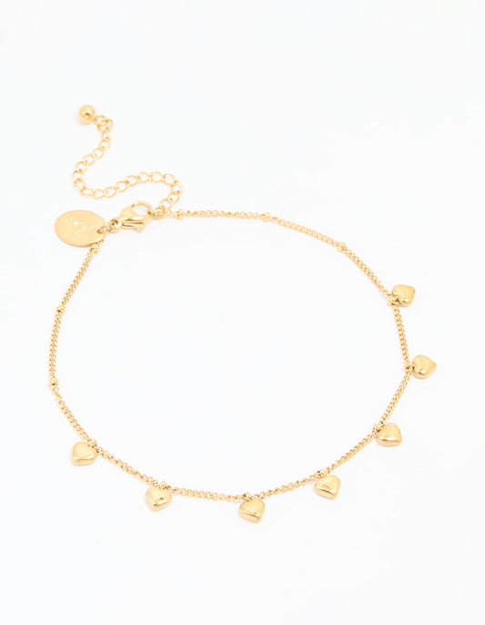 Waterproof Gold Plated Stainless Steel Heart Charms Anklet