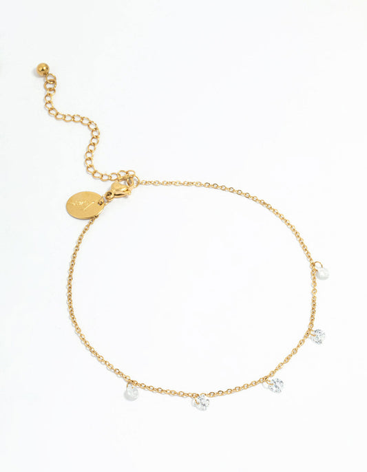 Waterproof Gold Plated Stainless Steel Cubic Zirconia Droplet Anklet
