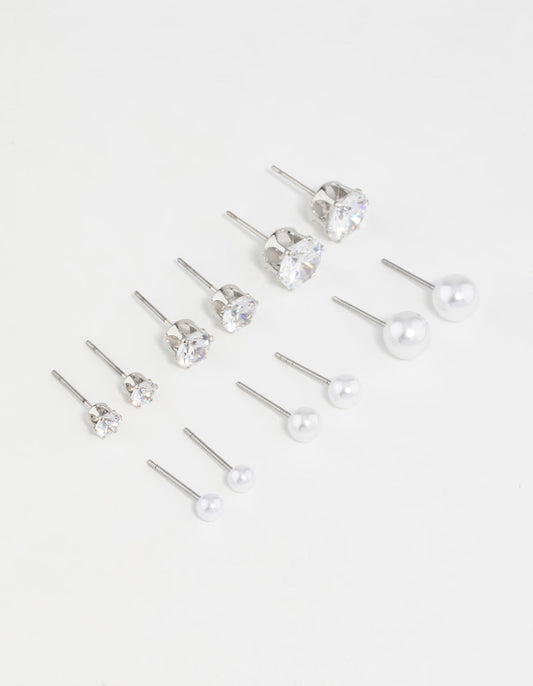 Silver Pearl & Cubic Zirconia Stud Earrings 6-Pack