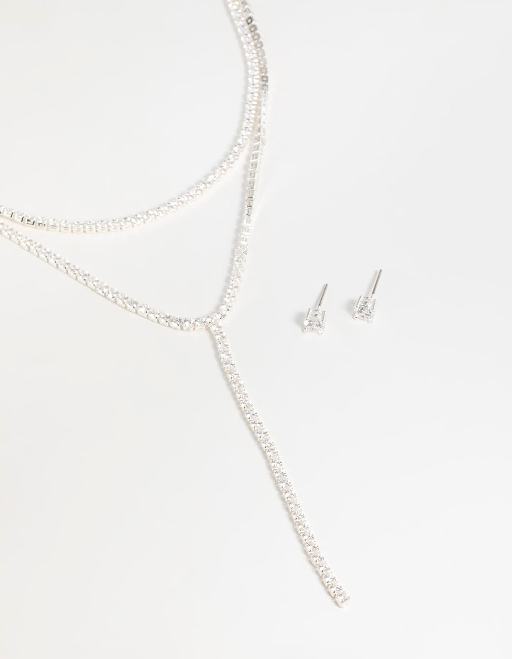 Silver Cubic Zirconia Layered Tennis Necklace & Stud Earrings Set