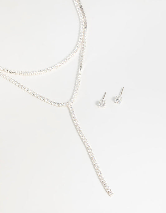 Silver Cubic Zirconia Layered Tennis Necklace & Stud Earrings Set