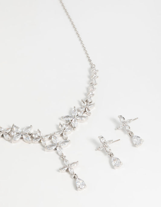Silver Cubic Zirconia Flower Drop Earrings & Necklace Set
