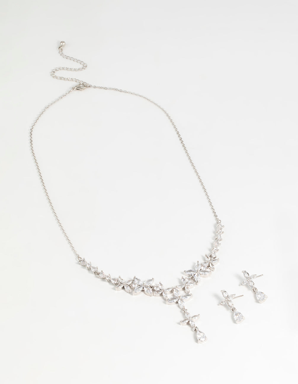 Silver Cubic Zirconia Flower Drop Earrings & Necklace Set