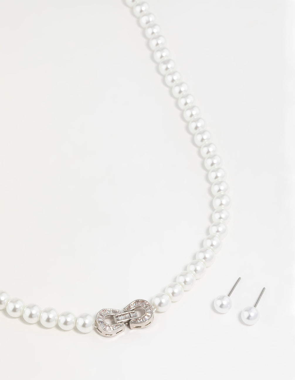 Silver Pearl Double Hoop Necklace & Earrings Set