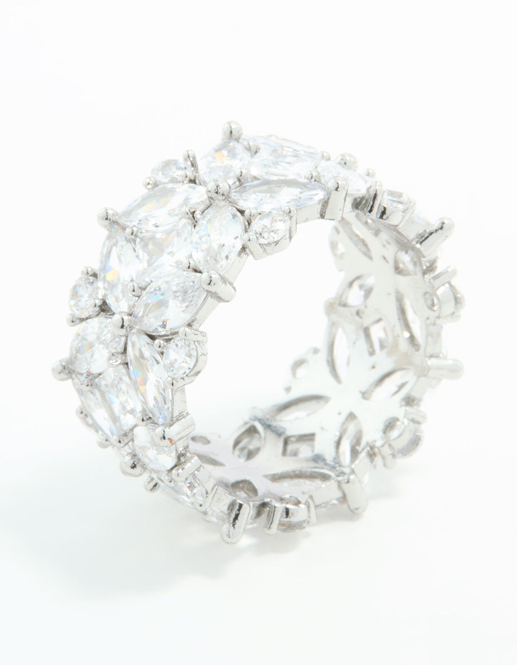Silver Cubic Zirconia Floral Wide Band Ring