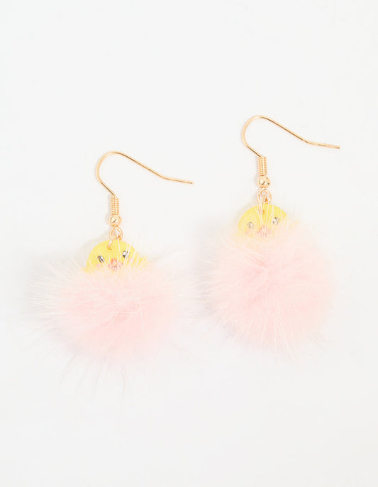 Kids Pink Pompom Chick Drop Earrings