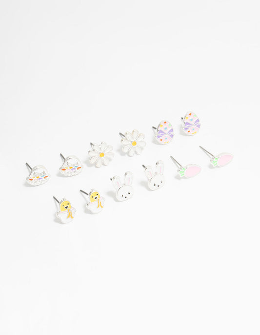 Kids Silver Chick & Easter Bunny Stud Earrings 6-Pack