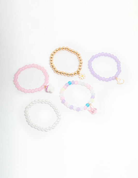 Kids Pastel Beaded Bunny & Flower Stretch Bracelets 5-Pack