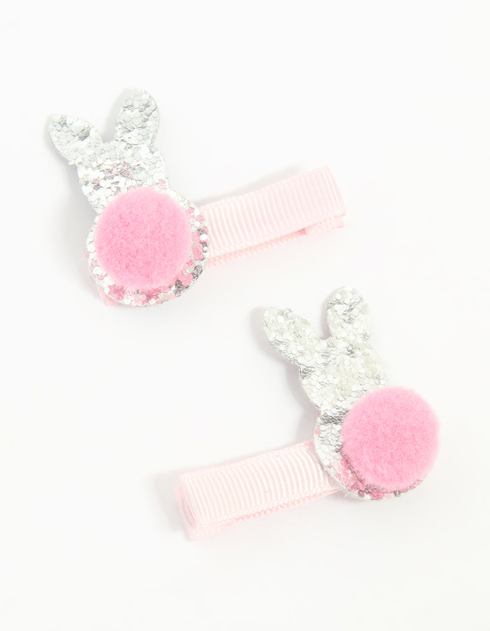 Kids Fabric Pom Pom & Sparkly Easter Bunny Hair Clips 2-Pack