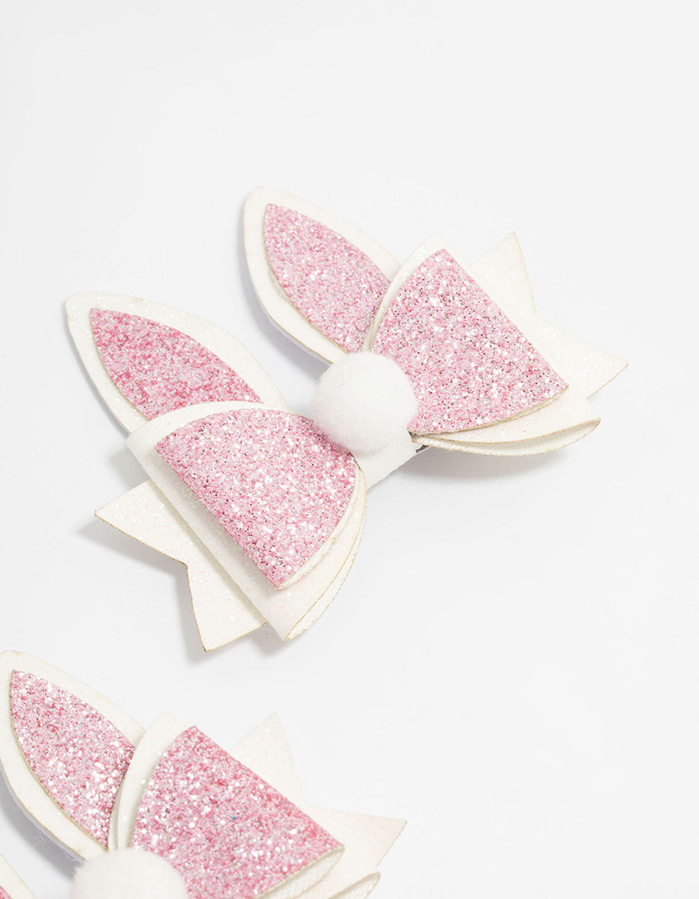 Kids Bunny Pom Pom Bow Fabric Hair Clips 2-Pack