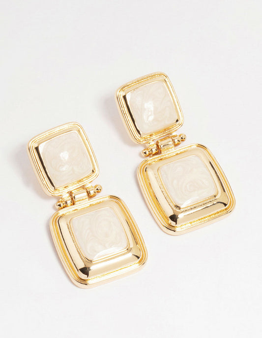 Gold Stone Square Hinge Drop Earrings