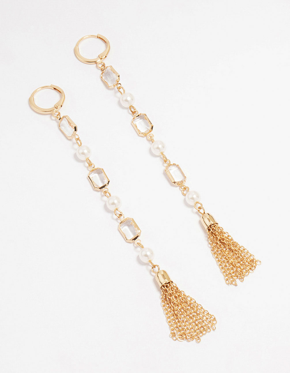 Gold Diamante Pearl Long Tassel Drop Earrings