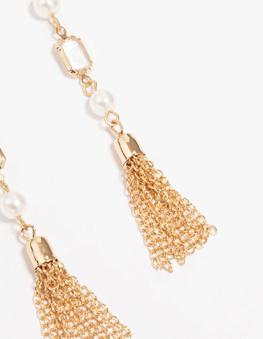 Gold Diamante Pearl Long Tassel Drop Earrings
