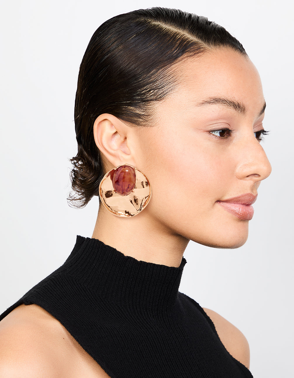 Gold Stone Disc Large Stud Earrings