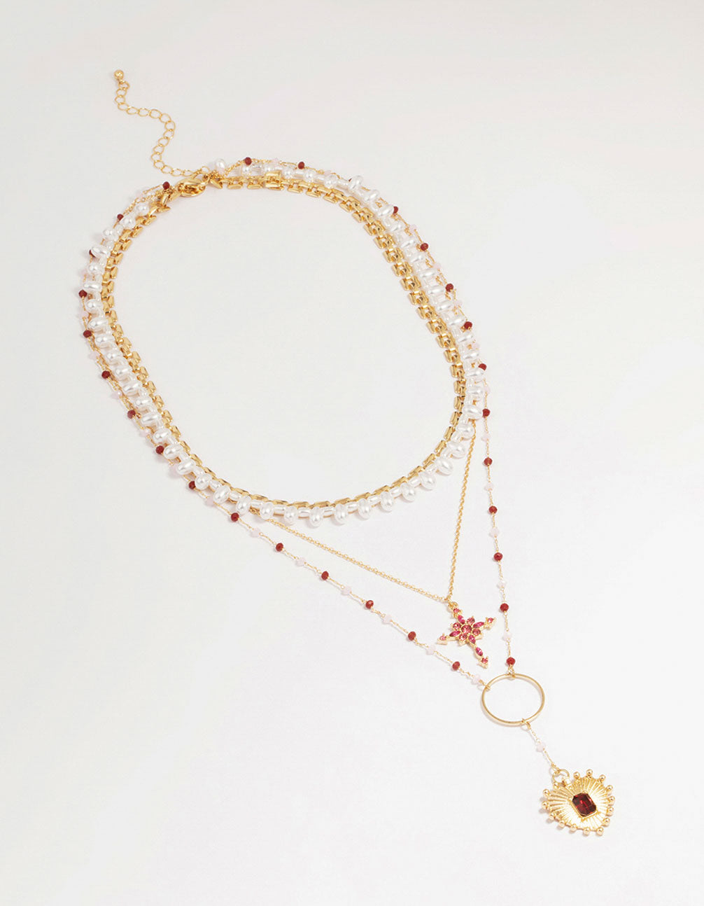 Gold Red Diamante Cross Layered Necklace