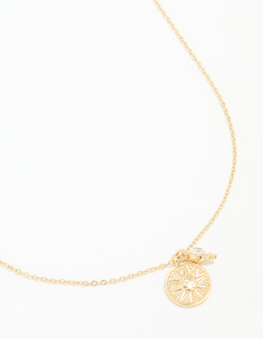 Gold Plated Star Disc & Cubic Zirconia Drop Pendant Necklace