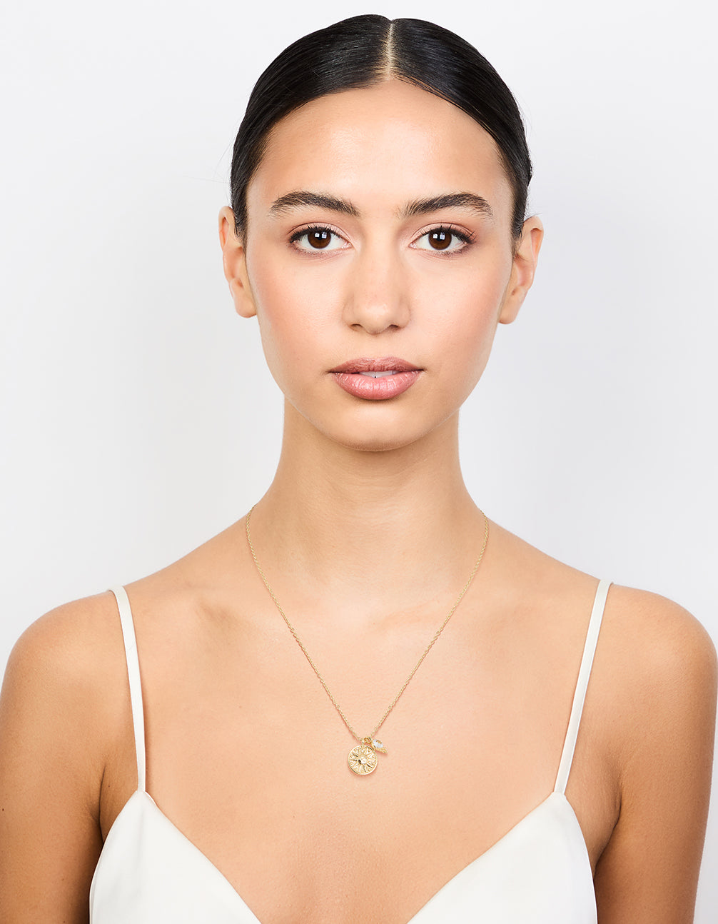 Gold Plated Star Disc & Cubic Zirconia Drop Pendant Necklace