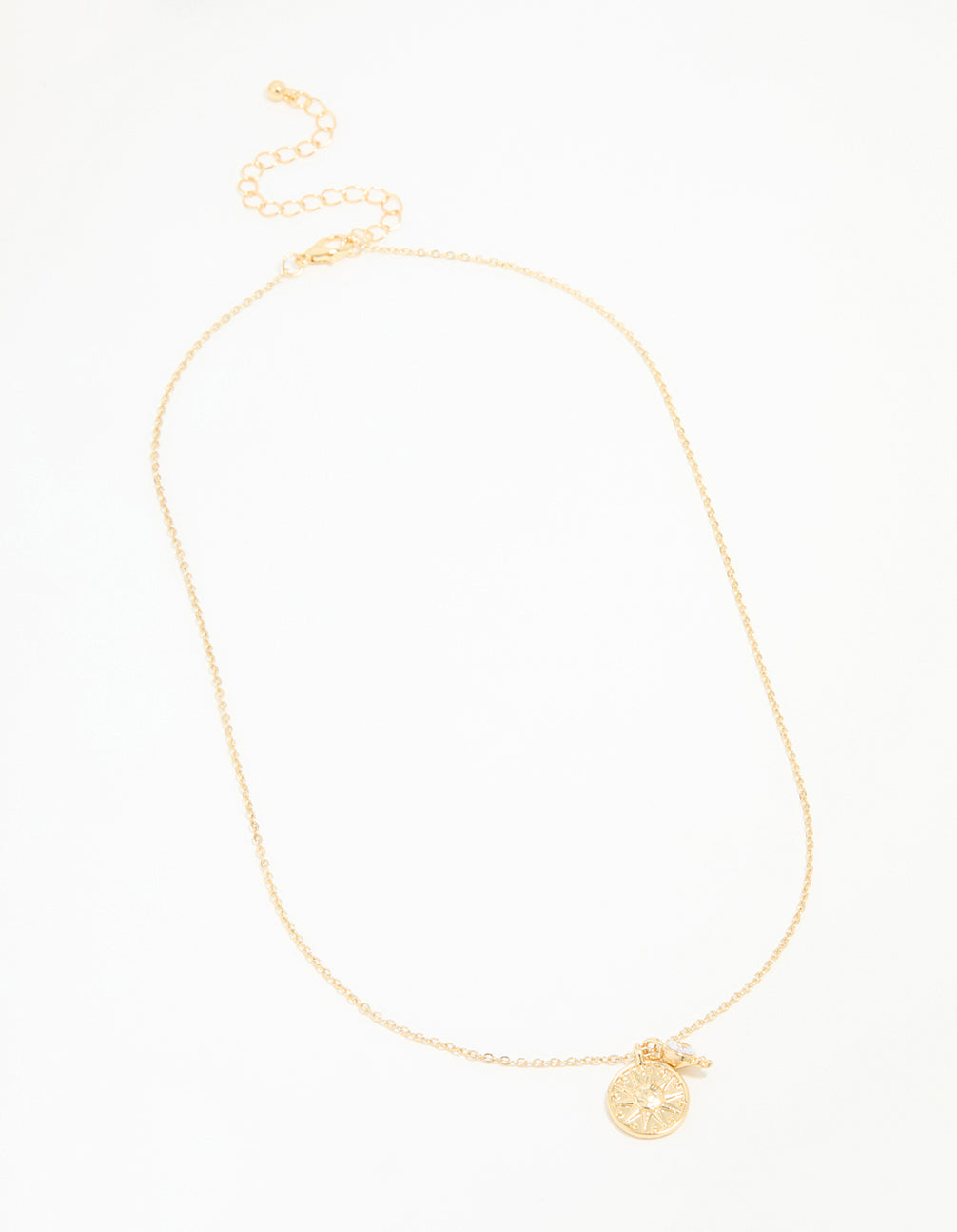 Gold Plated Star Disc & Cubic Zirconia Drop Pendant Necklace