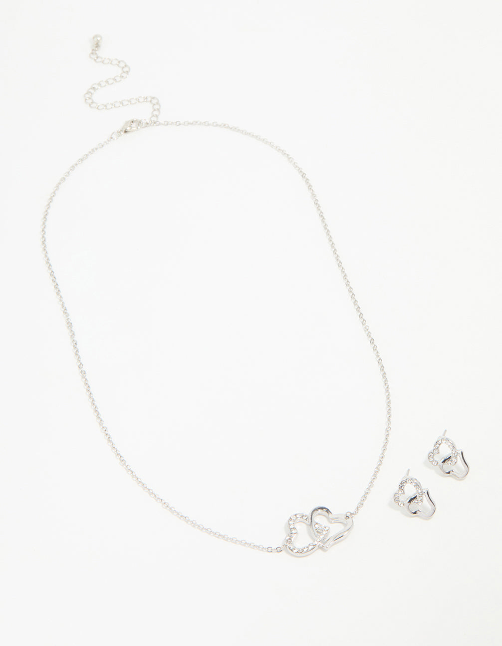Silver Diamante Double Heart Necklace & Stud Earrings Set