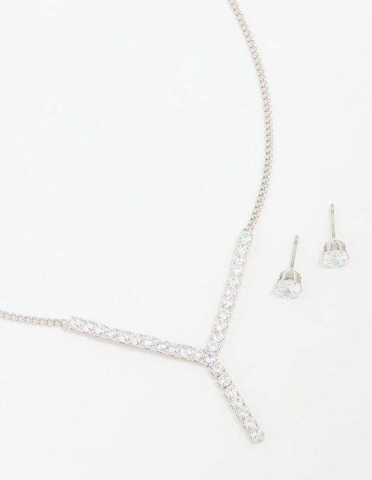 Silver Cubic Zirconia Y-Necklace & Stud Earrings Set