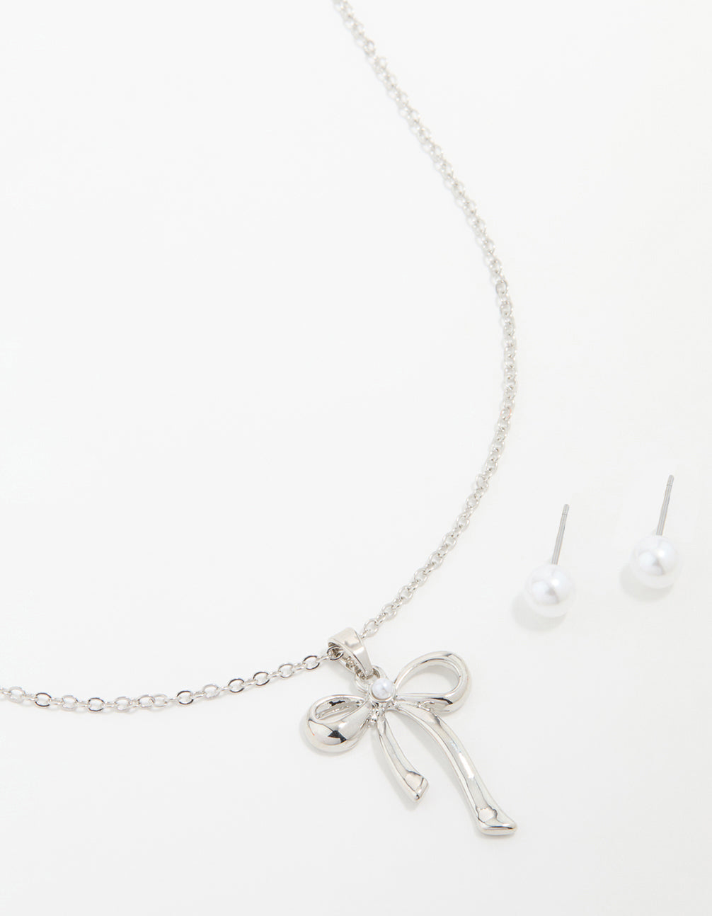 Silver Pearl Bow Necklace & Stud Earrings Set