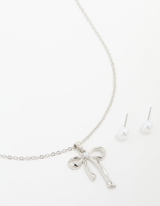 Silver Pearl Bow Necklace & Stud Earrings Set