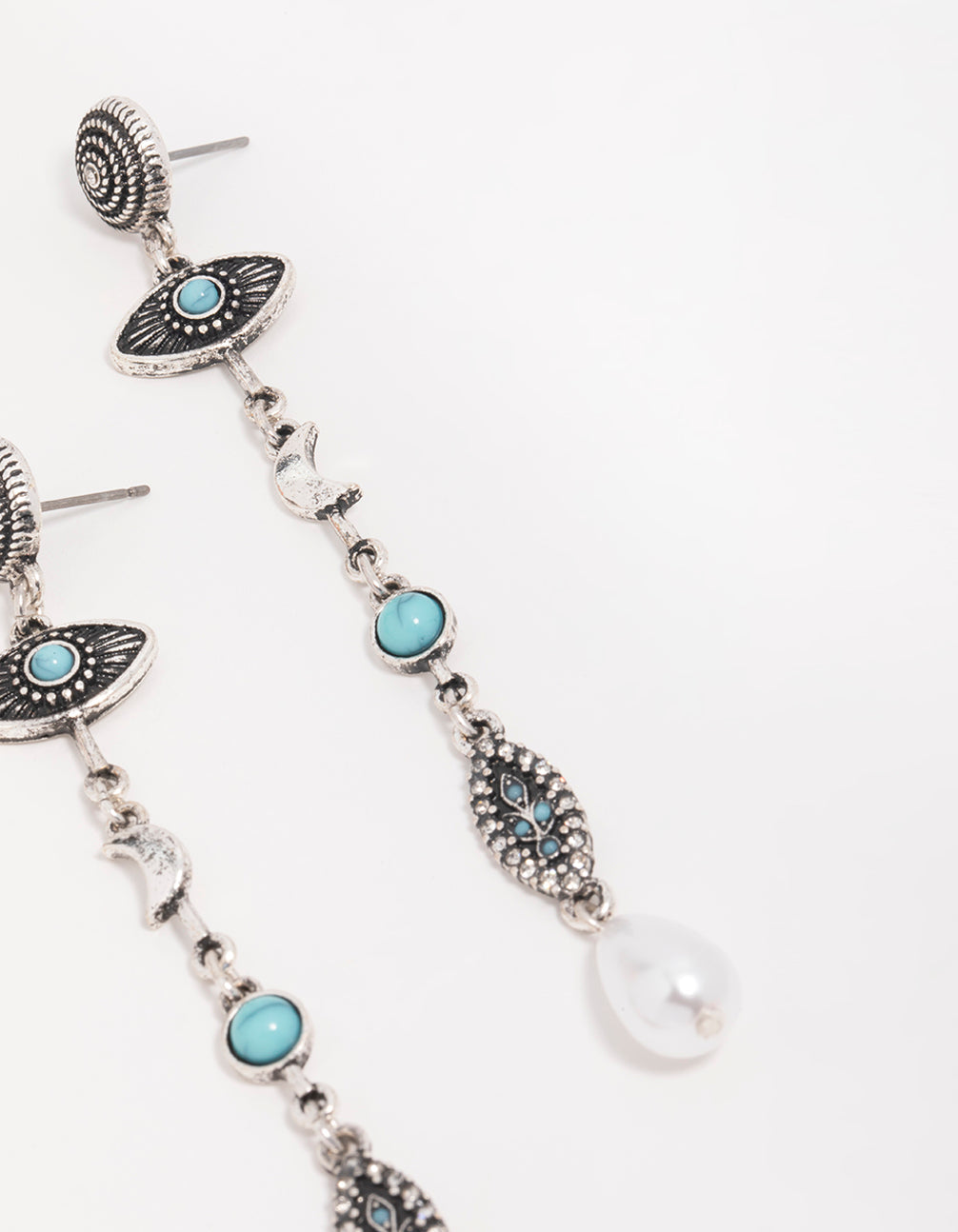 Antique Silver Pearl Turquoise Eye Drop Earrings