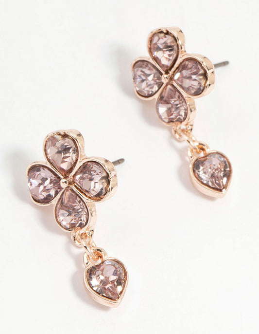 Rose Gold Pink Diamante Flower Drop Earrings
