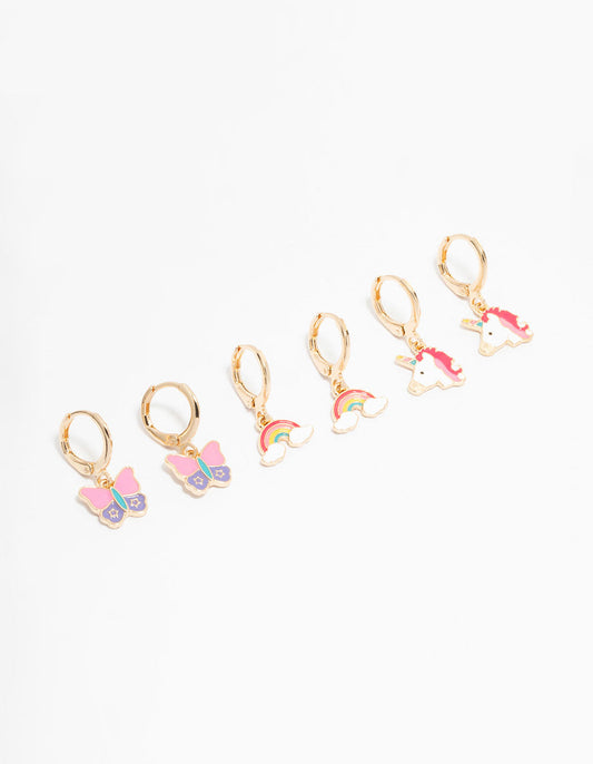 Kids Gold Pastel Unicorn & Butterfly Huggie Earrings 3-Pack