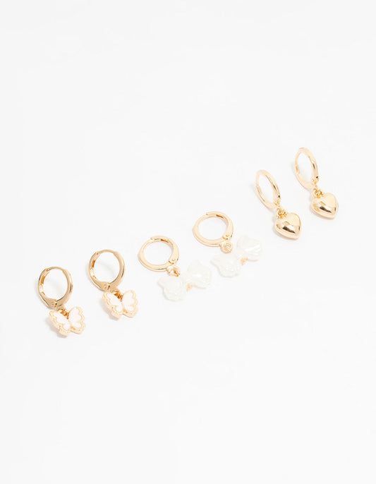 Kids Gold Bow & Heart Huggie Earrings 3-Pack