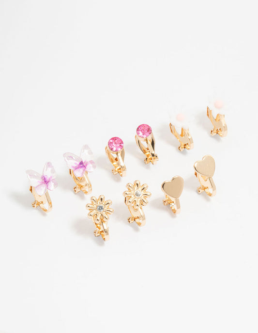 KIds Gold Pom Pom Flower & Butterfly Clip On Earrings 3-Pack