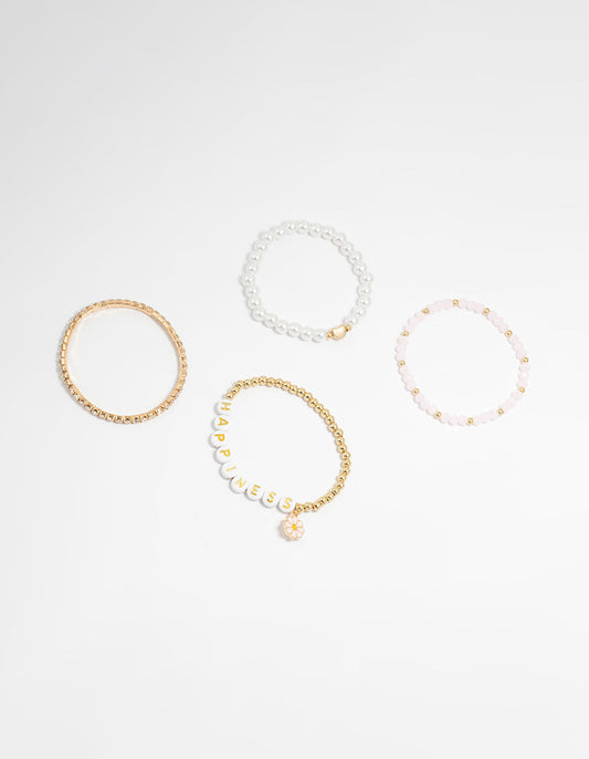 Kids Gold Happy Beaded Dainty Stretch Bracelets 4-Pack