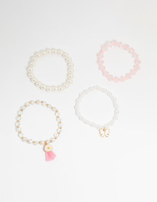 Kids Gold Pearl Beaded Tassel Bracelets 4-Pack