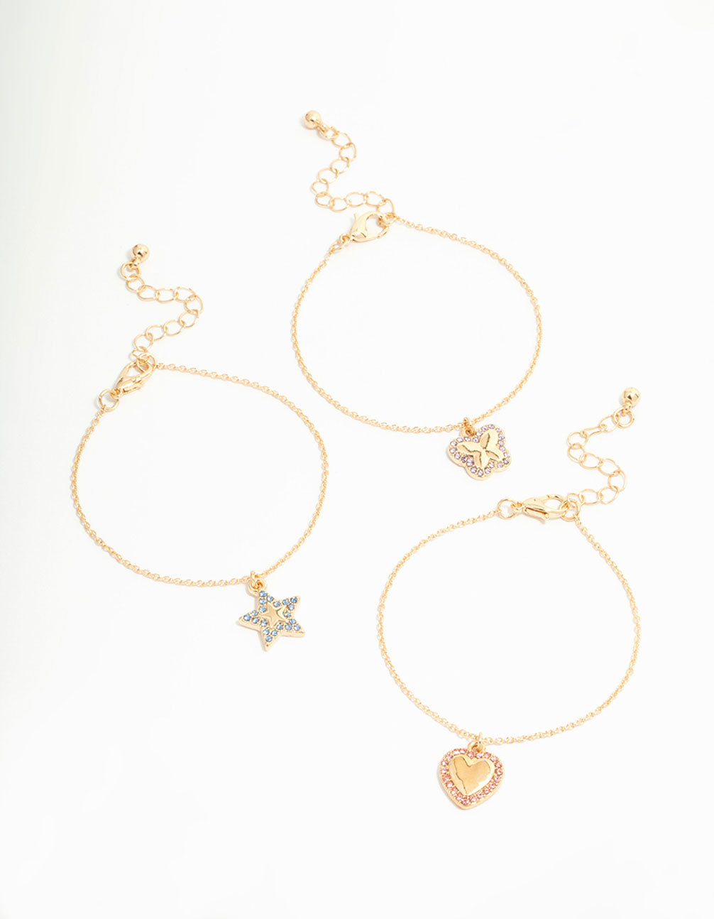 Kids Gold Diamante Heart & Star Butterfly Bracelets 3-Pack