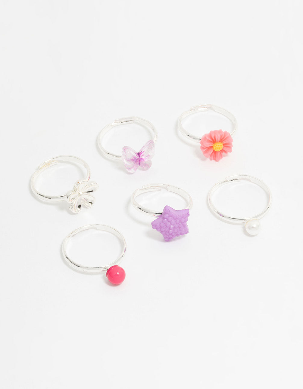 Kids Silver Pearl & Ombre Butterfly Fashion Rings 6-Pack