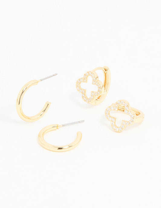 Gold Plated Cubic Zirconia Flower & Plain Huggie Earrings 2-Pack
