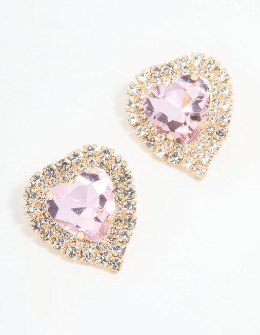 Rose Gold Diamante Pink Heart Stud Earrings