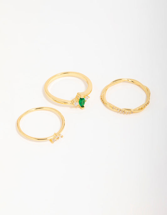 Gold Plated Emerald Diamante Teardrop Rings 3-Pack