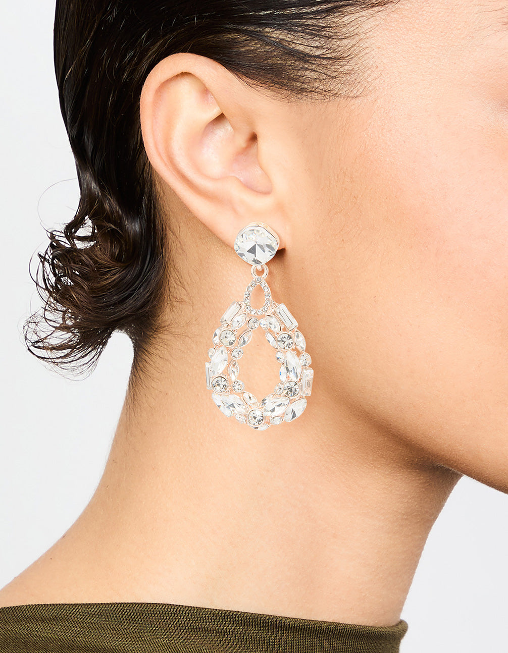 Rose Gold Diamante Hollow Oval Drop Earrings