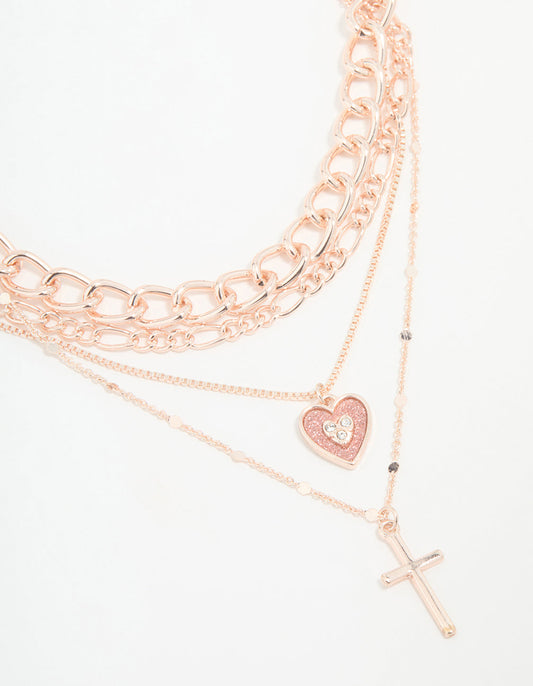 Rose Gold Cross & Butterfly Layered Necklace