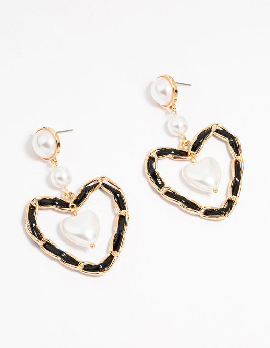 Gold Pearl Black Heart Drop Earrings