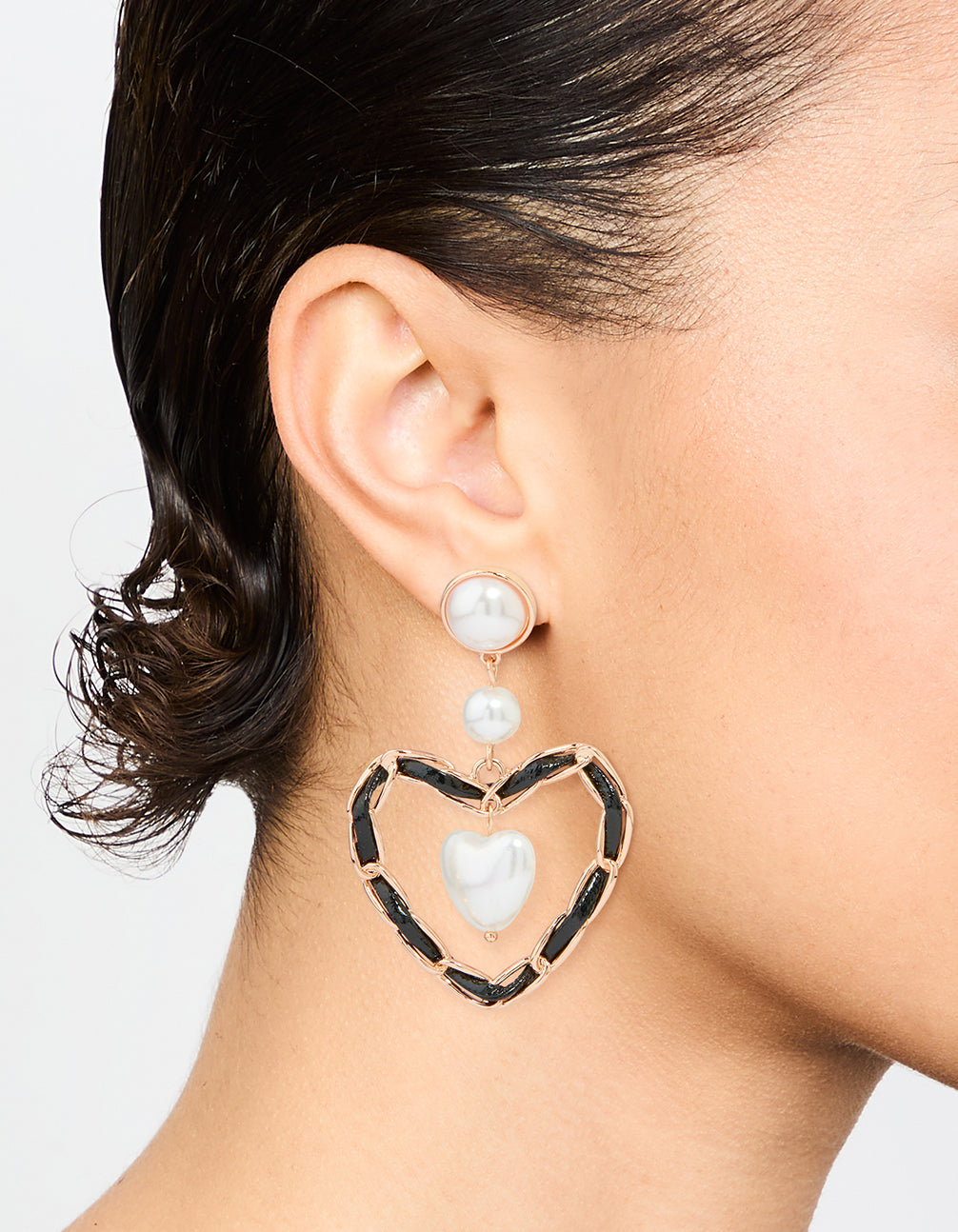 Gold Pearl Black Heart Drop Earrings