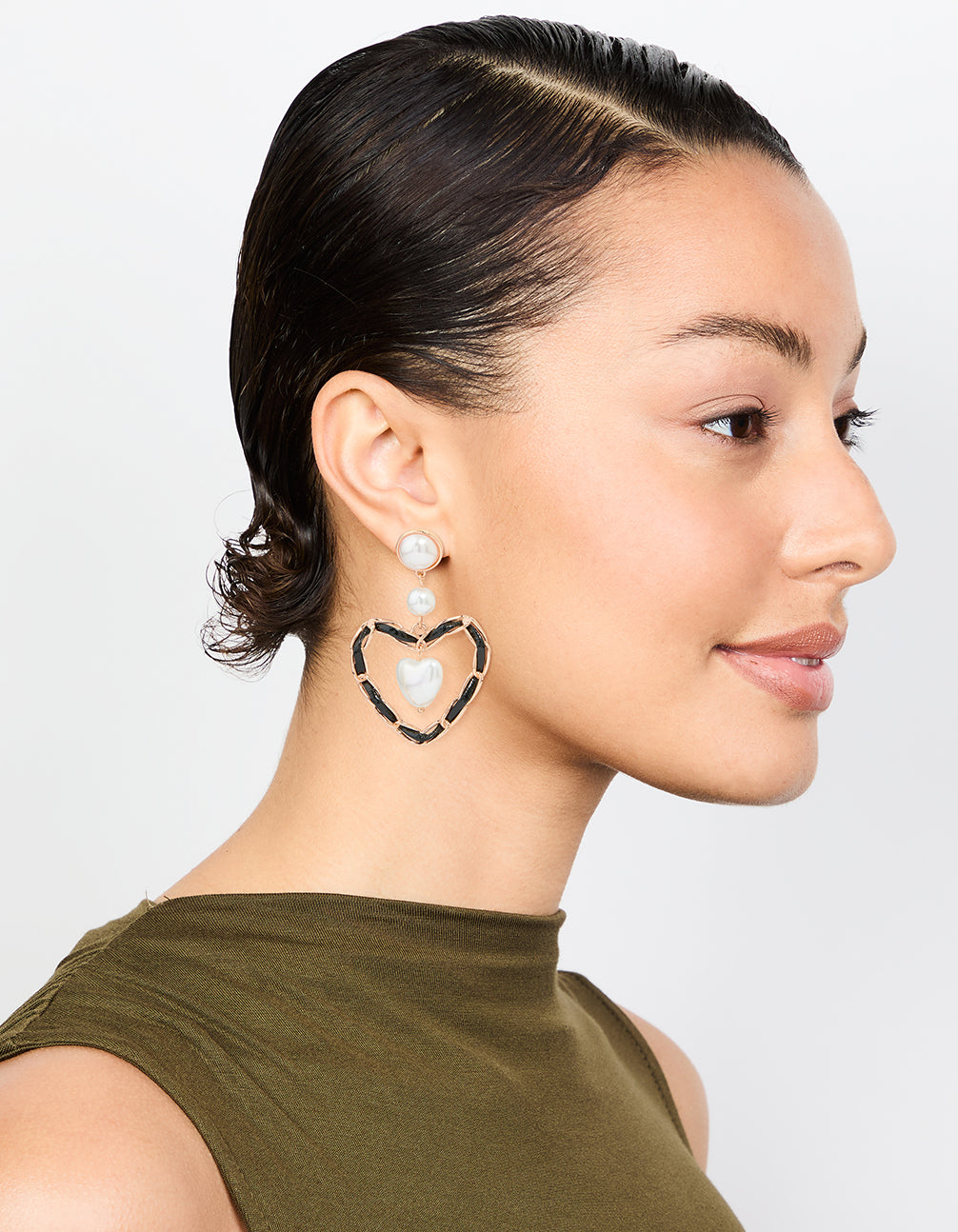 Gold Pearl Black Heart Drop Earrings