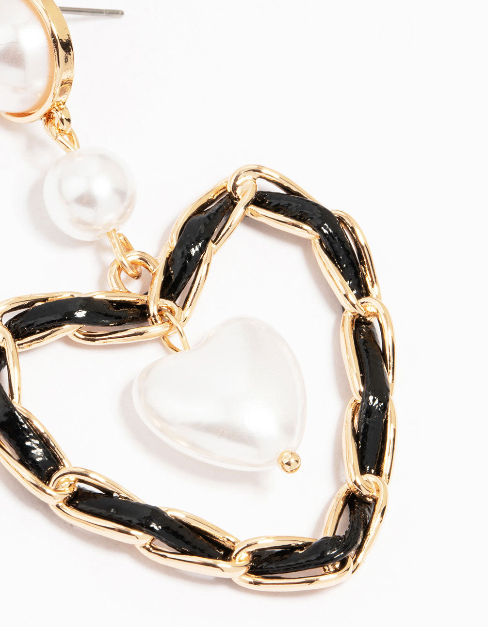 Gold Pearl Black Heart Drop Earrings