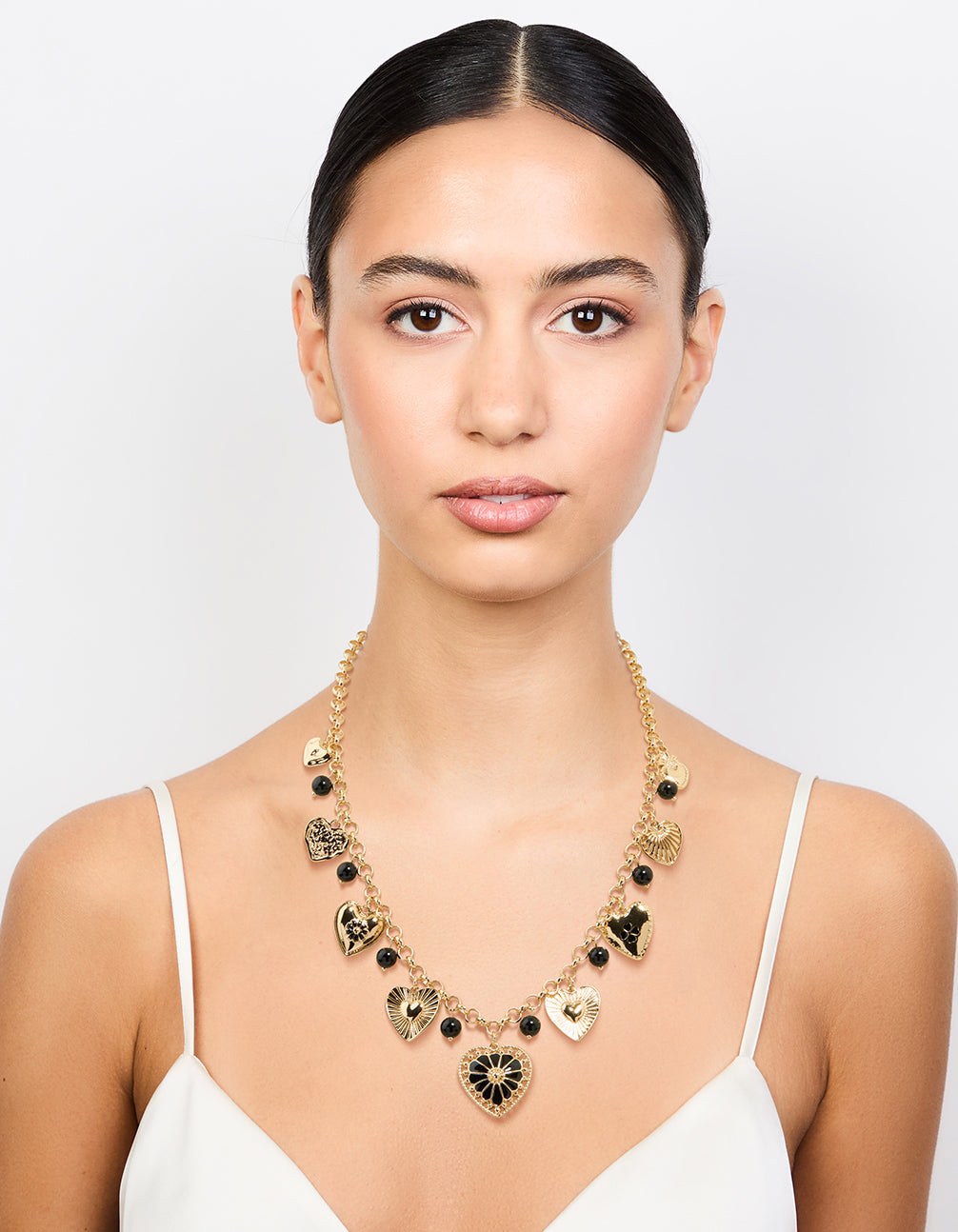 Gold Black Beaded Heart Charm Necklace